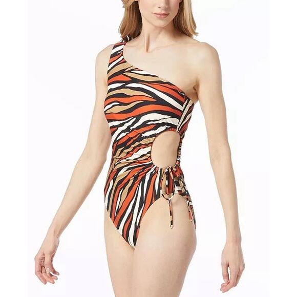 Michael Kors One-Shoulder Cutout One Piece Swimsuit Terracotta Women's 10 NWT - Picture 2 of 9